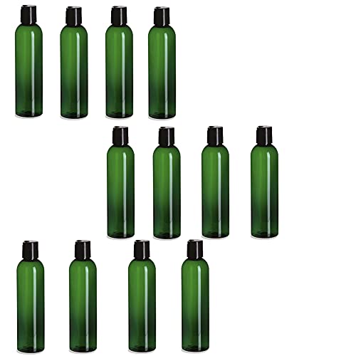 Natural Farms 12 Pack ? 8 oz -Green Cosmo Plastic Bottles ? Black Flip Top - for Essential Oils, Perfumes, Cleaning Products