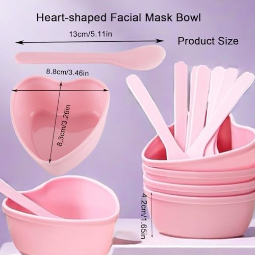 5 Sets Plastic Heart Shaped Facial Mask Mixing Bowl, Pink Facemask Bowl DIY Skin Care Mixing Tool Kit with Spatulas for Mud Masks, Home Salon, and Beauty Salon Use, Face Mask Applicator Tool(5 Pcs)
