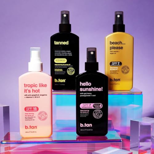 b.tan SPF 7 Tanning Oil | Hello Sunshine - Deep Suntan Dry Spray, Best Outdoor Browning Body Mist, Packed with Moisturizing Goji Berry, Pomegranate + A?ai, Austrailian Brand, 8 Fl Oz