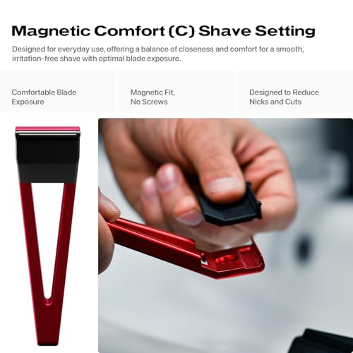 HYPE X1 Aluminum Single Edge Safety Razor Set - Magnetic Comfort (C), Sensitive (S) & Ultra-Close (UC) Shave Settings, 20 Non-Proprietary Blades - Adjustable Shaving Razors For Men and Women - Red