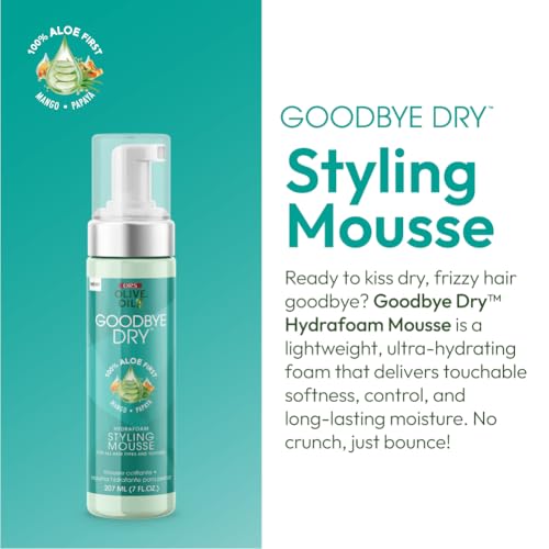 ORS Olive Oil Goodbye Dry Hydrafoam Styling Mousse with Aloe, Mango & Papaya, Hydration & Nourishing for all Hair Types and Textures 7 Ounces