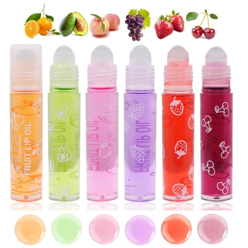 6Pcs Roll-On Lip Gloss Set,Fruit Flavored Roll On Rollerball Lip Oil,Transparent Plumping Lip Gloss,Non Toxic Lip-Makeup Set