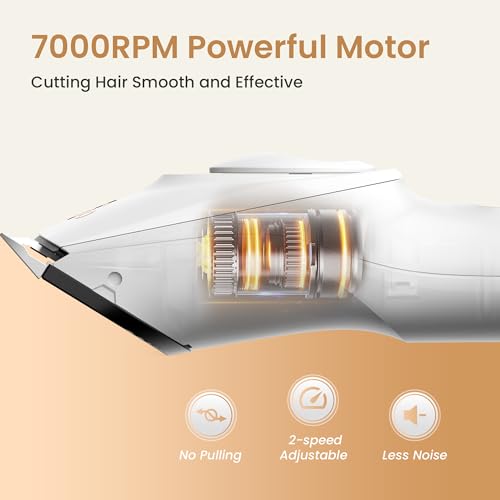 Hair Clippers for Men, Cordless Hair Clipper Kit, Adjustable 4 Length Setting, 2-Speed Settings, Replaceable Ceramic Blade Heads, Rechargeable Hair Clippers for Family (White)