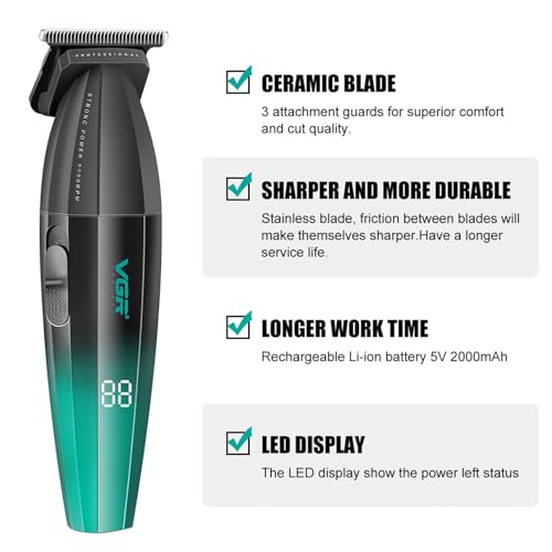 VGR 906 Fresh Fade Professional Hair Trimmer, 9000rpm Zero Gapped Beard Trimmer for Men, DLC T-Blade Cordless Hair Clipper for Barbers and USB Rechargeable, Green