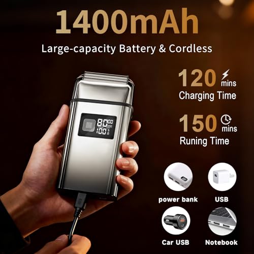 Electric Foil Shaver for Men,Electric Razor with Pop-up Trimmer,Cordless Beard Trimmer,Waterproof,Wet & Dry Shaving,LED Display,2-Speed Mode (Silver)