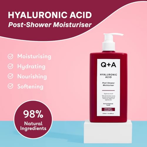 Q+A Hyaluronic Acid Post Shower Moisturizer (250ml), Wet-Skin Body Lotion with Avocado & Hazelnut Oils, Prebiotic Hydration, Locks In Moisture Quickly, Non-Greasy, Dry Skin Moisturizer