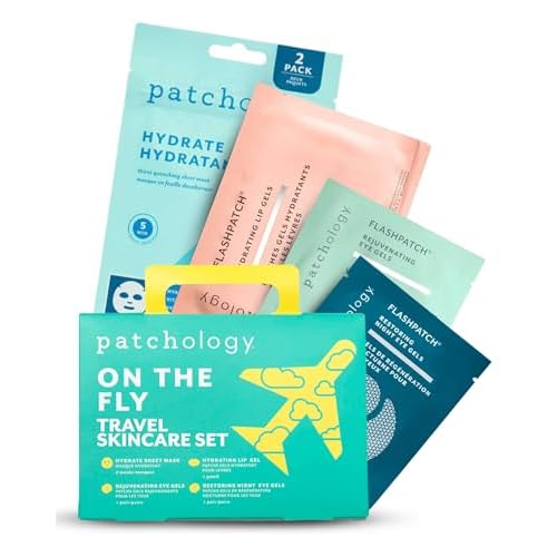 Patchology On The Fly Travel Facial Kit ? Travel-Friendly Hydrating Skincare Essentials for Face, Eyes and Lips ? Includes 2 Pair Under Eye Patches, 2 Hydrate Sheet Mask for Refreshed Skin,1 Lip Mask