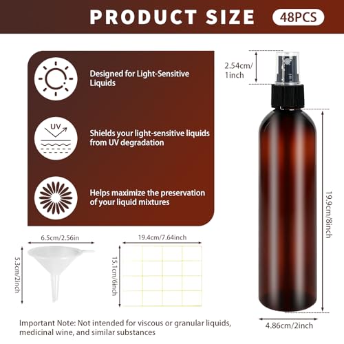 48 Pcs 8 oz Spray Bottles with Cap Amber Empty Plastic Travel Sprayer Refillable Fine Mist Cleaning Bottles for Oils Perfumes