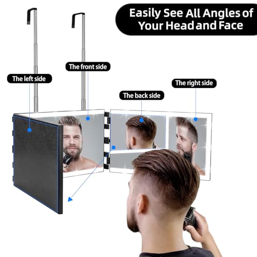 Vanexiss Rechargeable 3 Way Mirror for Self Hair Cutting-to See Back of Head, Trifold Mirror with 8 Light Strips & Telescoping Hooks for Makeup, Shaving & Styling