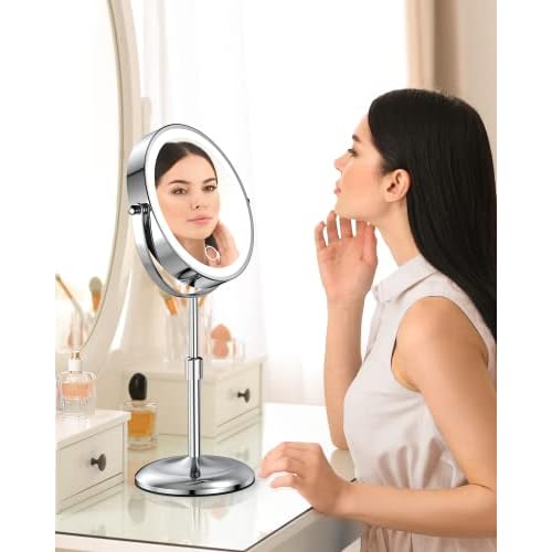 Benbilry Lighted Makeup Mirror with Magnification 10X & 3 Color Lights, Adjustable Brightness & Height, 7 Inch 360¡Æ Swivel Rechargeable LED Magnifying Make Up Vanity Mirror with Lighting (Silver)