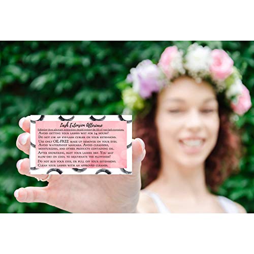 Boutique Marketing LLC Lash Extension Aftercare Instructions Card | 100 Pack | Size 3.5x2 inches After Care (2-3 Week Fillers) | False Lash print with Bubbly Pink Inlay Design (Lash Extension