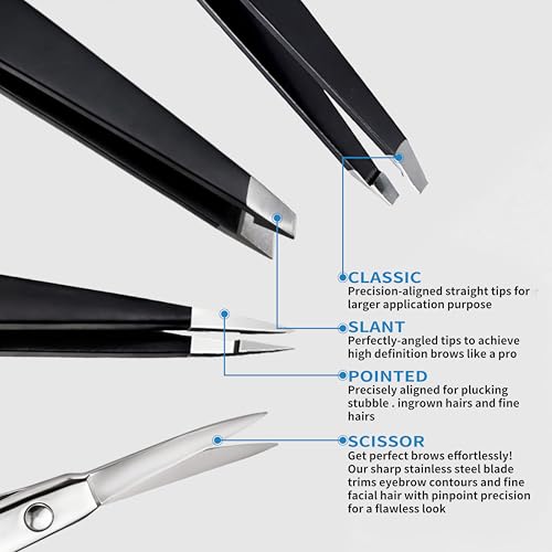 MGER Tweezers Set - Professional Stainless Steel Tweezers for Eyebrows - Great Precision for Facial Hair, Splinter and Ingrown Hair Removal (Black)