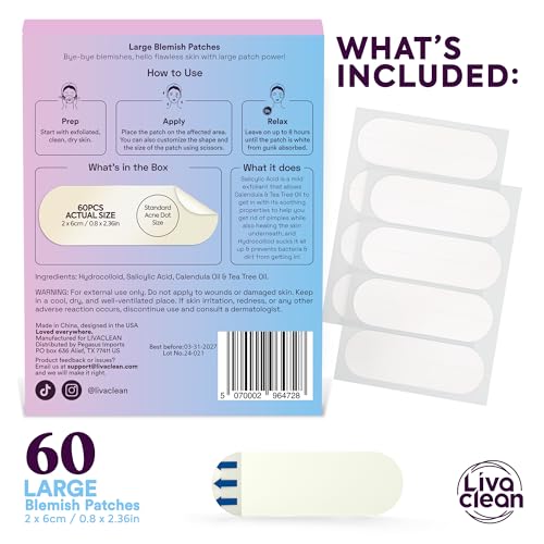 60CT Large Pimple Patches - Hydrocolloid Acne Patches with Salicylic Acid, Tea Tree & Calendula Oil - Full Face Pimple Patch - Blemish Patch for Chin, Nose, Forehead, Body - Hydrocolloid Bandages XL