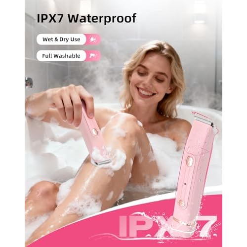 Bikini Trimmer for Women: Painless Body Hair Electric Razor - Dual Head All in 1 Versatile Shaver for Pubic Area, Leg and Face, Cordless and IPX7 Waterproof for Daily Personal Use, Pink