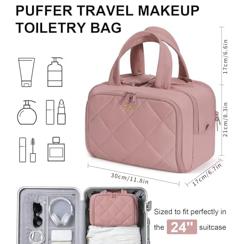 Travel Toiletry Bag, Large Wide-open Puffy Toiletry Bag for Women, Lightweight Quilted Makeup Bag Cosmetic Organizer with Handle Water-resistant Travel Essentials for Toiletries Accessories Dark Pink