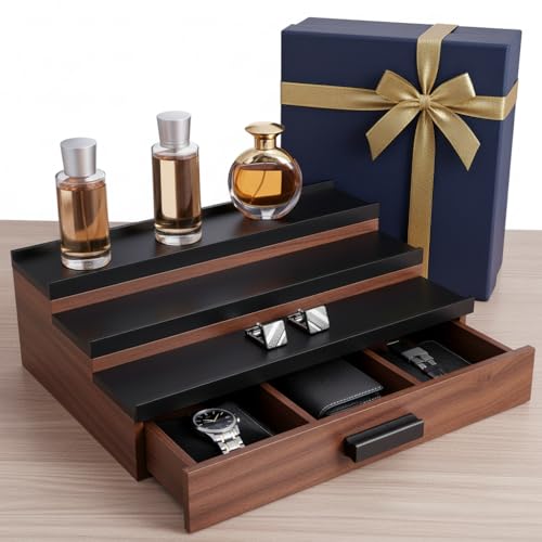 Cologne Organizer for Men ? Black Wood Cologne Stand with Drawer & Storage, 3 Tier Perfume Display Holder for Bedroom, Office, Bathroom ? Ideal Gift for Men, Father, Husband