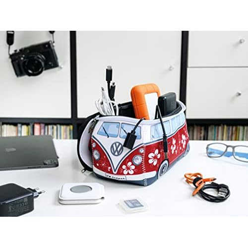 BRISA VW Collection - Volkswagen Neoprene Universal Makeup Cosmetics Toiletry Travel Pharmacy Bag in T1 Bus Design (Hibiscus/Red) (Large (11.8 x 5.5 x 4.7 inches))