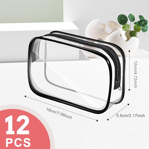12 PCS Clear Makeup Bags, Clear Toiletry Bags with Zipper, Portable Transparent Toiletry Bags for Travel (Black, Medium)