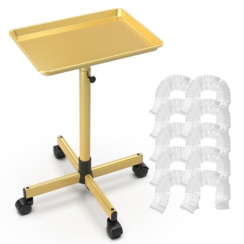 TASALON Rolling Salon Cart, Mobile Styling Station with Wheels Aluminum Rolling Tray Trolley for Salon Essentials, Adjustable Heightfor Hairstylist Tray with 10 PCS Disposable Salon Tray Cover,Gold