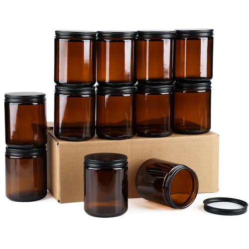 Goiio 12 Pack Amber Glass Jars, 8 Oz Thick Amber Round Glass Jars, with Black Metal Lids, for Spice, Liquid, Sample, Leakproof and Dishwasher Safe
