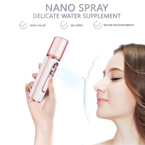 withthesun Nano Facial Mister, Cool Mist Face Steamer with 2 Spray Nozzle, USB Rechargeable, Visual Water Tank, Nano Mister for Eyelash Extensions, Skin Care, Daily Makeup, Deep Hydrating-Pink