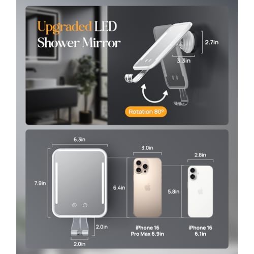 Gospire Heated Shaving Mirror for Shower Fogless with Light, Rechargeable Battery and Adjustable Brightness, Suction Cup and Razor Holder, Removable & NO-Drilling, Waterproof for Bathroom (White)