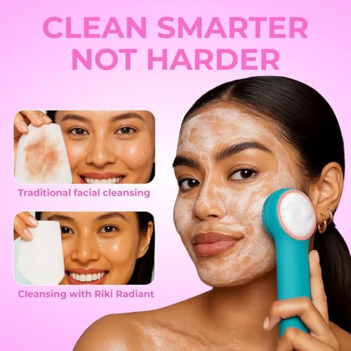 Riki Radiant Electric Silicone Face Scrubber - 2-in-1 Facial Rotating Vibrating Exfoliating Brush - Waterproof & Portable, Rechargeable, for Cleaning, Exfoliation, Massage, for Men & Women (Pink)