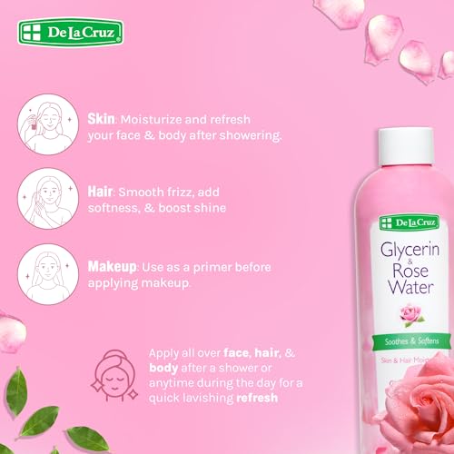 De La Cruz Rose Water and Glycerin for Face - Rosewater Facial Toner and Moisturizer for Skin and Hair 8 fl oz (236 mL) - 12 Bottles