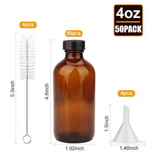 4oz Amber Glass Bottles, Boston Round Glass Bottles (50 Pack) with Leak-proof Caps, Refillable Container for Homemade Vanilla Extract, Essential Oils, Herbal Medicine and More