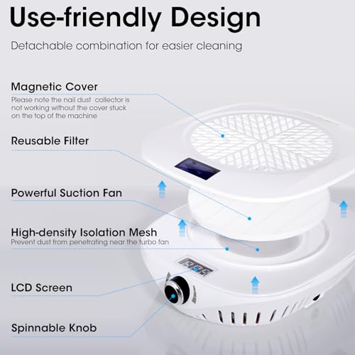 Gellen Nail Dust Collector with LED Display, 4000RPM Powerful Suction Vacuum Fan with Reusable Filter, Soft Ergonomic Shell Nail Vacuum Cleaner for Acrylic Nail Tech, Home & Salon