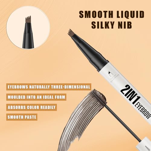 Microblading Eyebrow Pen - Dual-Ended 2-in-1 Eyebrow Pen with Brush, Waterproof Smudge-Proof Liquid Formula for Natural Full Brows (1#Light Brown)