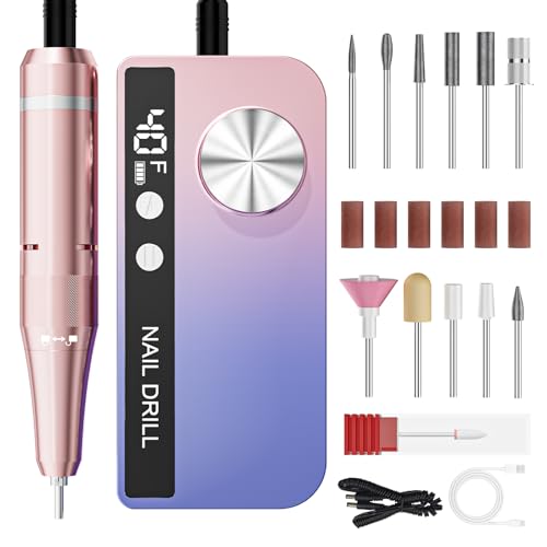 Professional Electric Nail Drill 40000RPM for Salon Home Use, Cordless Rechargeable Nail File Machine Kit with 12PCS Bits for Acrylic Gel Nails, Portable Efile Manicure Pedicure Tool (Pink Blue)