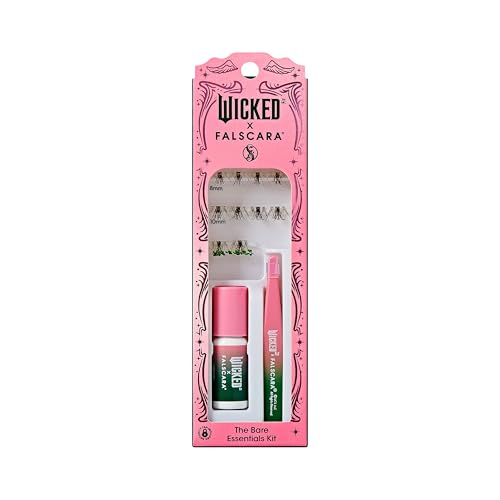WICKED X FALSCARA False Eyelashes, ¡®Fantastical Fashions¡¯, 8mm-10mm Natural Volume, Green Glitter, Lash Extension Kit Includes Mini BOND NET WT 4.5 G (0.15 Oz.), Mini Applicator, & 10 Lash Clusters