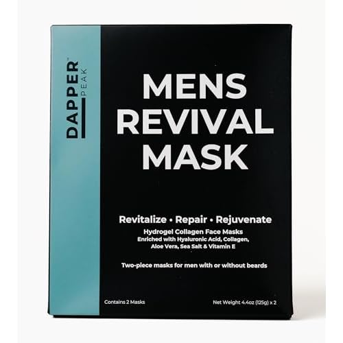 Mens Revival Mask|2pc Hydrating Hydrogel Mens Face Mask with Hydrolyzed Marine Collagen, Vitamin E, Hyaluronic Acid, Aloe|Oversized, Beard-Friendly Sheet Mask for Men| Relaxing Collagen Face Mask