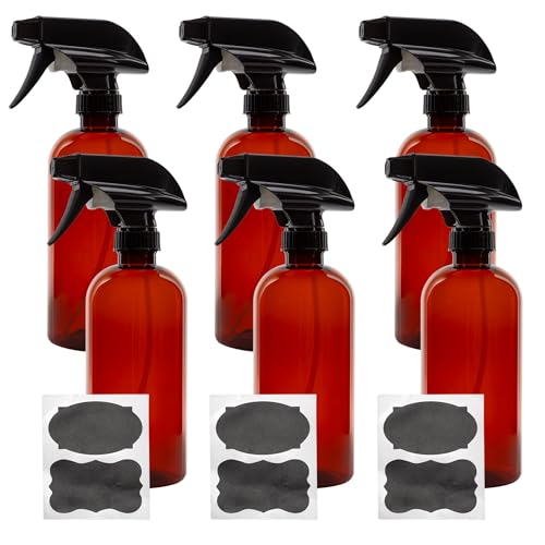 Cornucopia Brands 16oz Amber PLASTIC Spray Bottles w/Heavy Duty Mist & Stream Sprayers & Chalkboard Labels (6-pack); PET #1 Plastic Bottles, BPA-Free