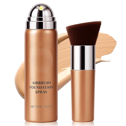 Erinde Airbrush Foundation Spray, Silk Airbrush Spray Foundation and Kabuki Brush, Flawless Coverage for Smooth Creamy Nude Finish, Blendable Long-Lasting Makeup Primer, 02# Beige
