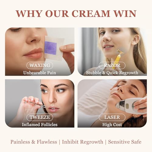 Facial Hair Removal Cream Kit for Women Face Sensitive Skin with Calm Cream, Painless Facial Depilatory Cream for Face Chin Lip Fuzz, 4 Mins Hair Remover At Home, 2.37 fl.oz w/Spatula