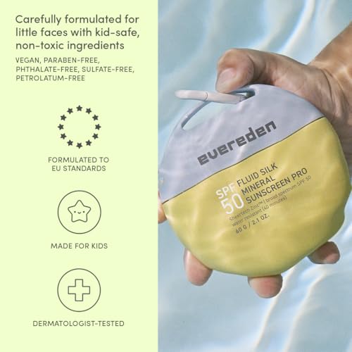 Evereden SPF50 Fluid Silk Mineral Kids Sunscreen: Clean Cooling Non-Nano UVA, UVB, & IR Protection for Sensitive Skin - Sheer, Lightweight, & Waterproof for Up to 40 Mins - Beach Day Toddler Sunscreen