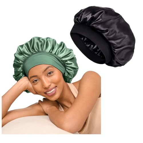 Satin Bonnet Set Includes 1 Satin Bonnet for Man Women(Black) and 1Satin Bonnet for Women(Green)