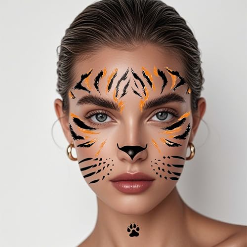 Tiger Stripes Temporary Face Tattoos, Tiger Stripes Face Tattoos Stickers, Halloween Animal Face Temporary Tattoo Stickers for Carnival Birthday Halloween Children's Party (tiger)