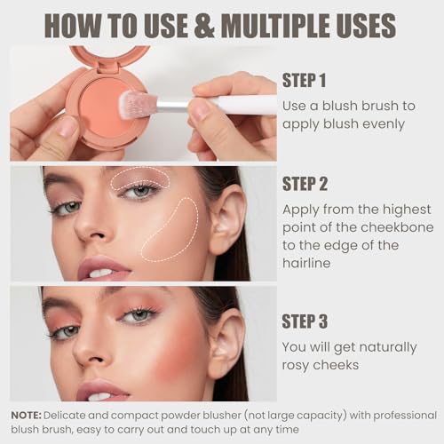 Peach Orange Powder Blush for Cheeks with Brush, Natural Blendable Matte Blush Palette For Face Blushes, Silky Lightweight Texture for Women Face Makeup Rubores de Maquillaje, 03#