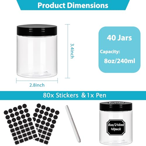 Betrome 8 oz Clear Plastic Round Jars with Black Lids, 40pcs 8oz 250ml Leak-Proof Wide-Mouth Cosmetic Storage Containers for Slime, Kitchen Use, Beauty Products, Cream, Scrubs, Bath Salt and More