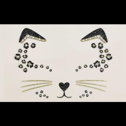 CBLUO 2 Pcs Halloween Temporary Stickers Cat Face Gems Jewels Women Cat Rhinestone Masquerade Face Tattoos Crystal Makeup Sticker Glitter Holiday Festival Dress Up Cosplay Birthday Party Supplies