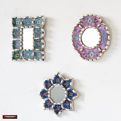 Handmade Mirrors Set of 3 for Wall Decor - Silver Leaf Small Mirror Set - Turquoise, Blue, Fuchsia Accent Decor (6in)