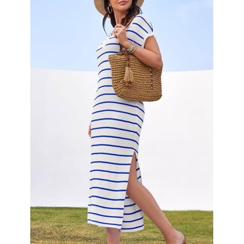 Saodimallsu Womens Striped Summer Dresses Short Sleeve V Neck Knit Collared Sexy Slit Loose Maxi Sweater Dress