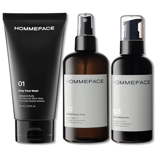 HommeFace Men¡¯s Daily Trio 3-Step Daily Routine Set with Face Wash, Herbal Spray Toner & Moisturizer - Korean Skincare Technology with CICA, Tea Tree Leaf & Witch Hazel Extracts, for All Skin Types