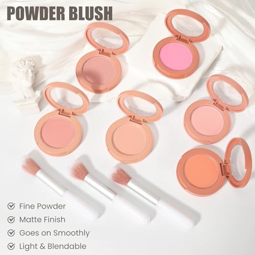 Peach Orange Powder Blush for Cheeks with Brush, Natural Blendable Matte Blush Palette For Face Blushes, Silky Lightweight Texture for Women Face Makeup Rubores de Maquillaje, 03#