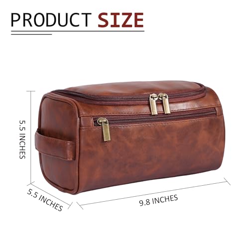 Toiletry Bag for Men, Hanging Travel Shaving Dopp Kit for Men and Women, Water-resistant Toiletries Organizer Bags, PU Leather Cosmetic Bags for Makeup Accessories (Dark Brown)