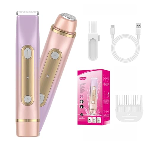 2 in 1 Bikini Trimmer for Women Dual Head Electric Razor IPX7 Waterproof Wet/Dry Use Women Electric Shaver, Body Facial Hair Remover for Bikini Legs Arm Underarm, Rechargeable