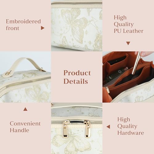 KEYPOWER Large Capacity Cosmetic Bag with Butterfly Pattern Travel Makeup Bag Portable Toiletry Bag with Handle for Women (White)